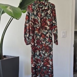 Investments Long-Sleeve Floral Midi Dress in Burgundy, Teal and Cream